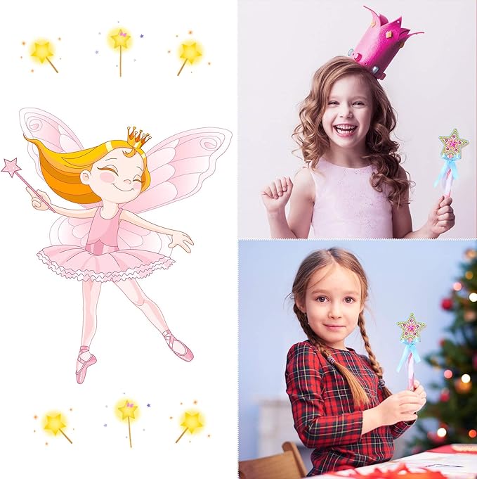 BBTO 24 Pieces Make Your Own Princess Wand Kit Include 2 Wooden Star Wands, 2 Dowels, 4 Satin Ribbons, 2 Gem Stickers, 6 Paints, 2 Paintbrushes, 6 Glitter Glues Pens Fairy Wand Art Craft Kit for Girl