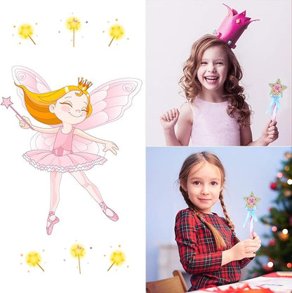 BBTO 24 Pieces Make Your Own Princess Wand Kit Include 2 Wooden Star Wands, 2 Dowels, 4 Satin Ribbons, 2 Gem Stickers, 6 Paints, 2 Paintbrushes, 6 Glitter Glues Pens Fairy Wand Art Craft Kit for Girl