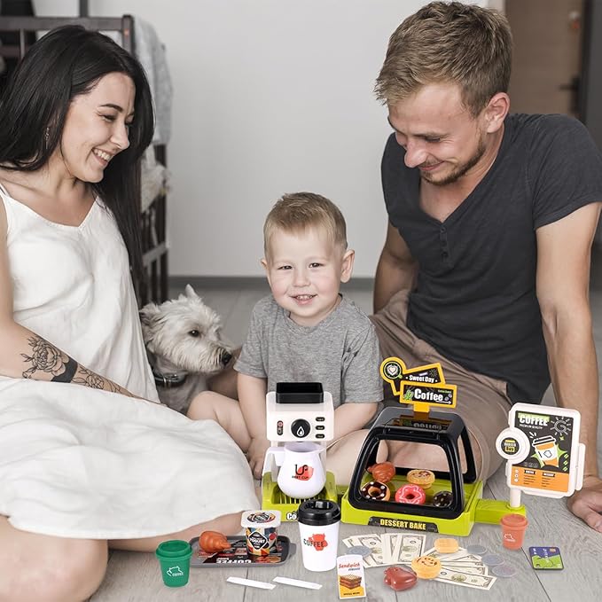 GAGAKU Toy Coffee Maker Machine and Cash Register Kit with Sound Light Kids Kitchen Pretend Play Sets Kitchen Appliances Toy for Boys Girls-Green
