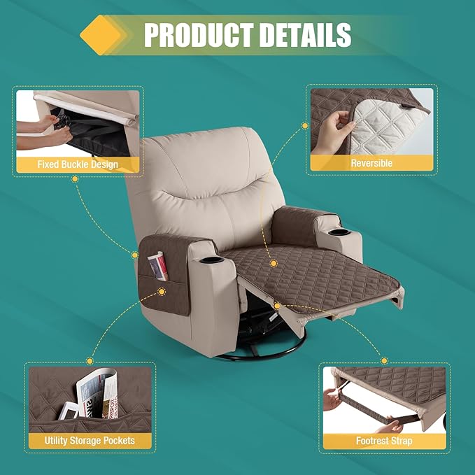 Ruaozz Waterproof Recliner Chair Covers Non Slip Chair Covers Recliner Seat Cover with Arms Washable Recliner Covers for Reclining Chair with Pocket, Covers for Recliner Chair (Brown, Small-22'')