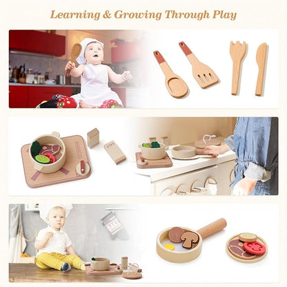 OESSUF Kitchen Set for Kids Wooden Play Kitchen Accessories Toddler Pretend Baking Cooking Playset, Cookware Utensils Learning Toys with Play Pots and Pans, Montessori Toy Gift Sets for Kids