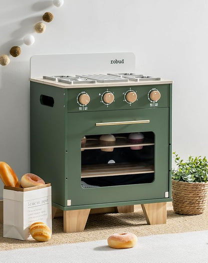 ROBUD Vintage Wooden Toy Kitchen Oven for Kids, Pretend Play Oven with Push-Pull Baking Tray, Realistic Sound Effects, Ideal Gift for 3+ Years Old Grils and Boys