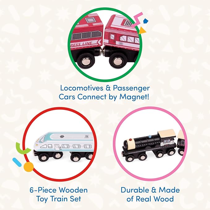 Battat – Classic Trains – 6Pc Wooden Railroad Set – Magnetic Toy Trains – Train Engines & Cars – 3 Years + – Wooden Passenger Trains