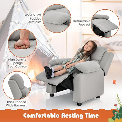 Costzon Kids Recliner, Leather Recliner Chair w/Footrest, Armrest Storage, Headrest & Lumbar Support, Ergonomic Lounge Chair for Living & Gaming Room, Adjustable Recliner Sofa for Boys Girls (Gray)