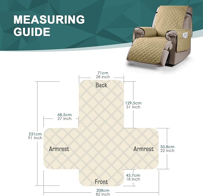 Ruaozz 100% Waterproof Recliner Chair Cover Non-Slip Oversized Reclining Cover for Large Recliner Chair Washable Chair Seat Cover with Elastic Straps for Kids, Dogs, Pets (Sand, 28'')