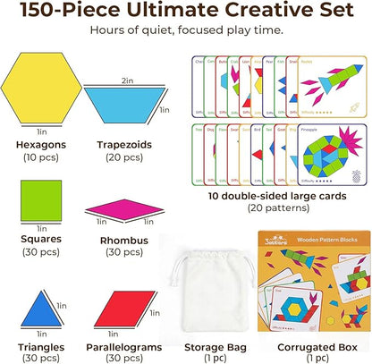 3 otters Wooden Pattern Blocks Shapes for Kids, Geometric Tangram Puzzle with Activity Cards, 150 PCS Educational Toy