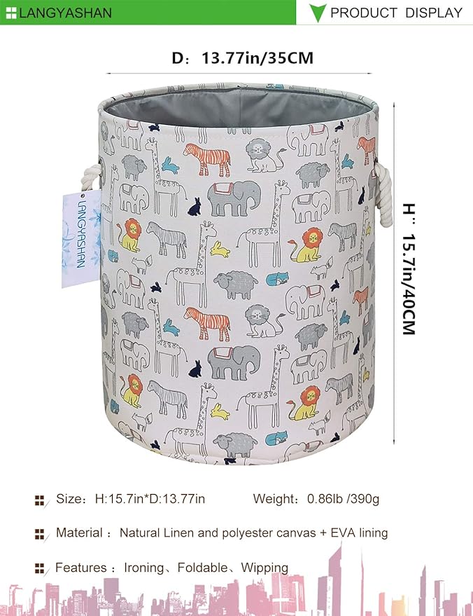 LANGYASHAN Laundry Basket Canvas Collapsible Organizer Storage Basket for Boys Girls Laundry Hamper Toy Bins Gift Baskets Bedroom Clothes Children Nursery (Animal)