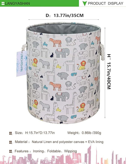LANGYASHAN Laundry Basket Canvas Collapsible Organizer Storage Basket for Boys Girls Laundry Hamper Toy Bins Gift Baskets Bedroom Clothes Children Nursery (Animal)