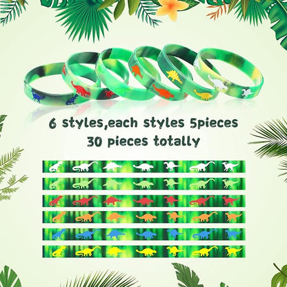 30 Pack Dinosaurs Silicone Wristbands Dinosaurs Wristband Bracelets Dinosaur Party Favors Bracelet Gifts Bag Stuffer for Jungle Dinosaur Themed Birthday Party Supplies (Green)