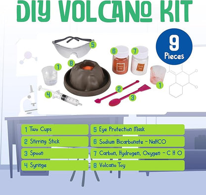 Volcano Science Kit for Kids 8-12 or Above- 9 Pcs Complete Volcano Kit Including NaHCO, C H O Powder, Eye Protection Masks and More- Safe, Non-Toxic Volcano Toys for Kids- Science Learning Games