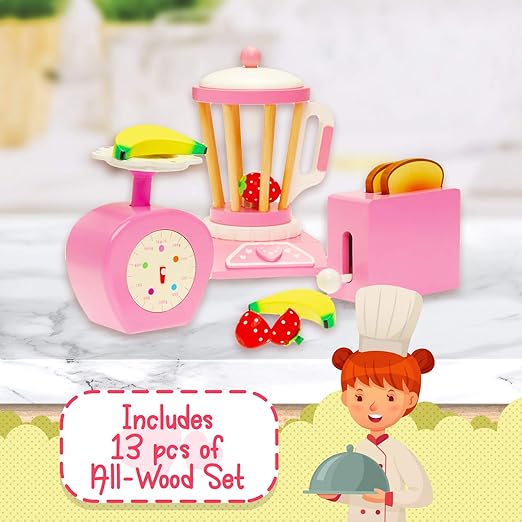 Constructive Playthings 5097877 Wood Pretend Play Kitchen Accessory Set with Scale, Toaster and Blender/13 Piece, Grade: Kindergarten to 3