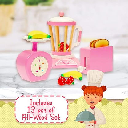 Constructive Playthings 5097877 Wood Pretend Play Kitchen Accessory Set with Scale, Toaster and Blender/13 Piece, Grade: Kindergarten to 3