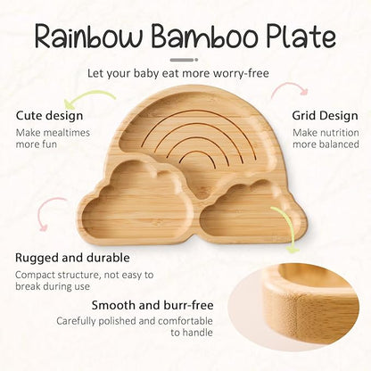 Bamboo Suction Plate for Baby Kid Toddler Plate Spoon Fork Set with Removable Silicone Suction All-Natural Baby Feeding Set for Baby-Led Weaning Fits Feeding High Chair Table