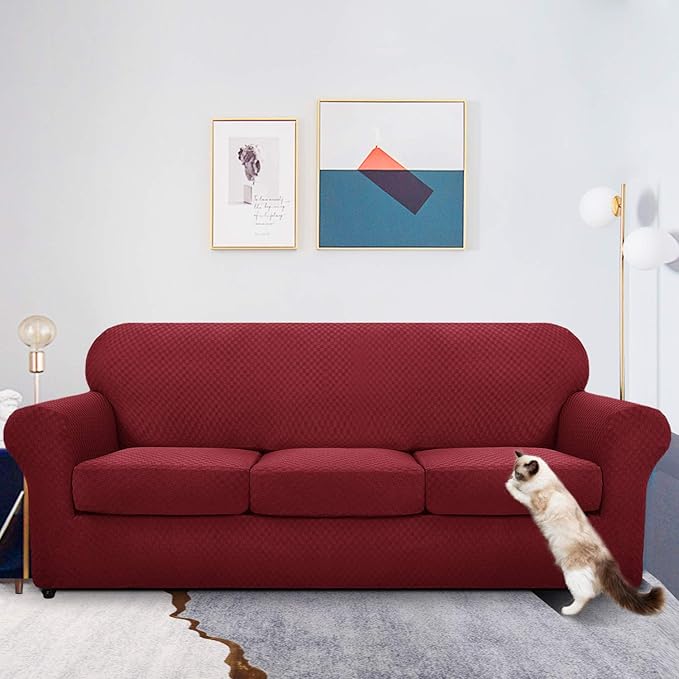 MAXIJIN 4 Piece Jacquard Extra Large Couch Covers for 3 Cushion Couch Super Stretch Non Slip Couch Cover for Dogs Pet Friendly Sofa Slipcover Furniture Protector (Oversized Sofa, Wine Red)