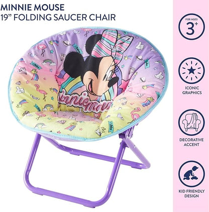 Idea Nuova Disney Minnie Mouse Toddler 19" Folding Saucer™ Chair, Portable Fun Character Design, Ages 3+
