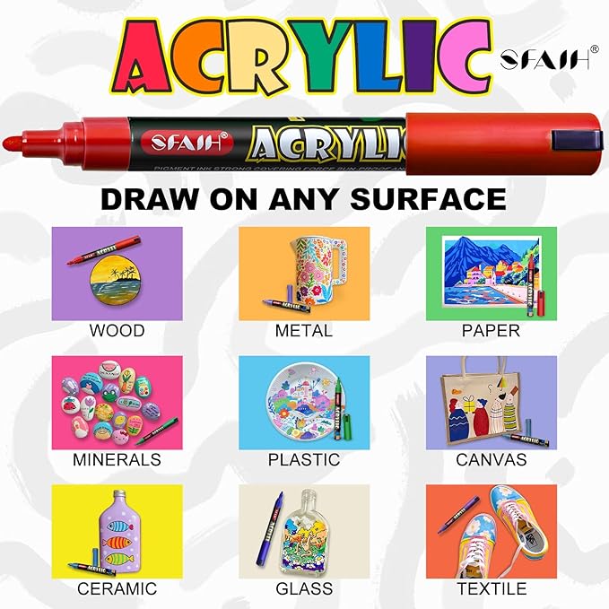 SFAIH Acrylic Creative Markers - 3mm Replaceable Nibs 15 Colors, Large Ink Capacity, Ultra-High Coverage, Non-Bleeding Water-Based Ink, Drawing Markers for Art Supplies, Wood, Fabric, Rock Painting