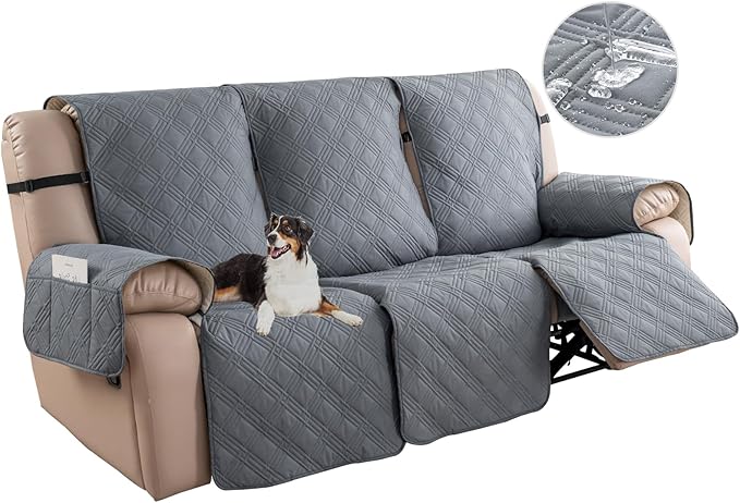 Easehomey Waterproof Recliner Sofa Cover,Non-Slip Reclining Sofa Covers for 3 Seat,Washable Reclining Sofa Cover Furniture Protector with Elastic Straps Pocket for Kids, Pets(Light Gray,3Seat)