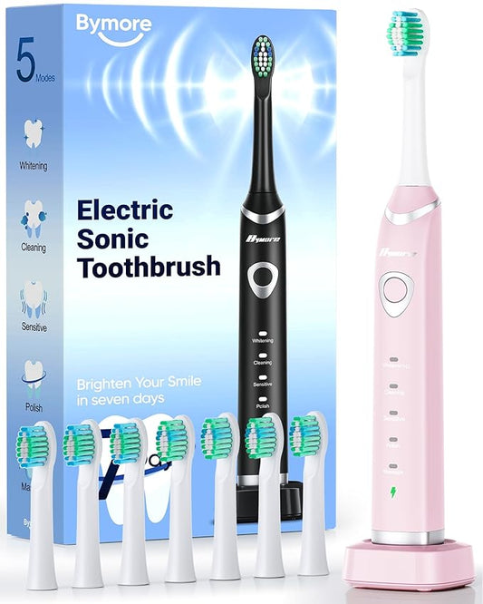 Bymore Electric Toothbrush for Adults,Travel Sonic Toothbrush with 8 Replacement Heads, Ultra Clean Rechargeable Toothbrush Portable One Charge for 330days 5 Modes 2mins Timer-Light Pink