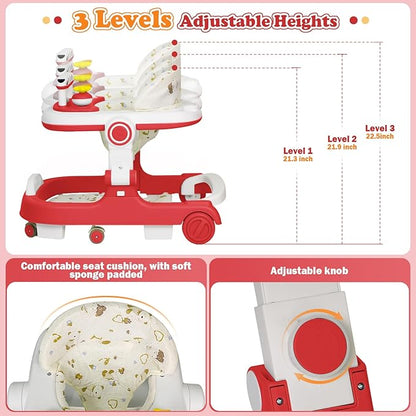 Baby Walker with Wheels, 4 in 1 Foldable Baby Walkers for Boys Girls 6-18 Months, 3 Level Height Adjustment with Bouncing, Feeding Tray & Music, Baby Walker with Activity Center, Toddler Push Walker