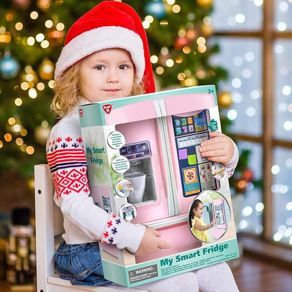 PLAY Kids Kitchen Refrigerator with Ice Dispenser, Pretend Play Fridge Kitchen Set for Toddlers, Toy Kitchen Appliance Accessories for Girl Boy Christmas Birthday Gift Age 1-3 4-8