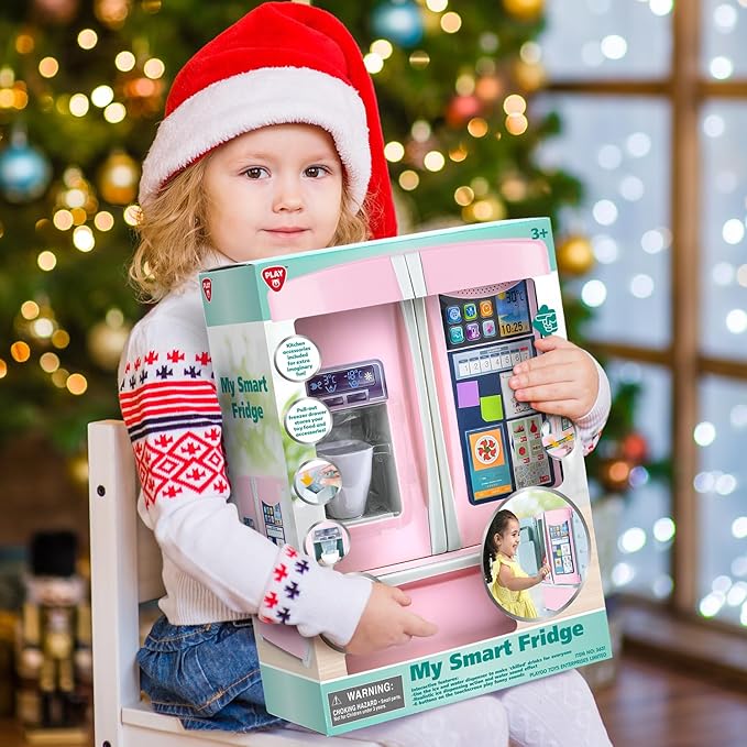PLAY Kids Kitchen Refrigerator with Ice Dispenser, Pretend Kid Toy Fridge Kitchen Playset, Kitchen Appliance Accessories for Girl Boy Christmas Birthday Gift Age 3+, Pink