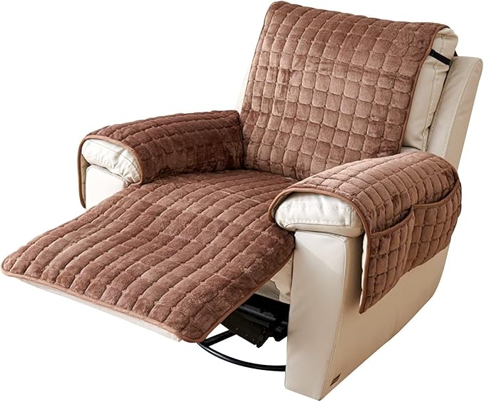 Plush Recliner Slipcover 23 Inches Washable Chair Covers Artificial Wool Lazy Boy Cover Quilted Cover for Recliner Chairs and Furniture,Large Taupe Chair Protector with Side Pocket for Kids/Pets