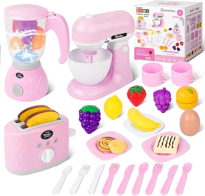deAO Kids Kitchen Playset,28 PCS Kitchen Appliances Toys with Blender,Mixer and Toaster with Realistic Light and Sounds,Pretend Play Toy for Kids Ages 3 4 5