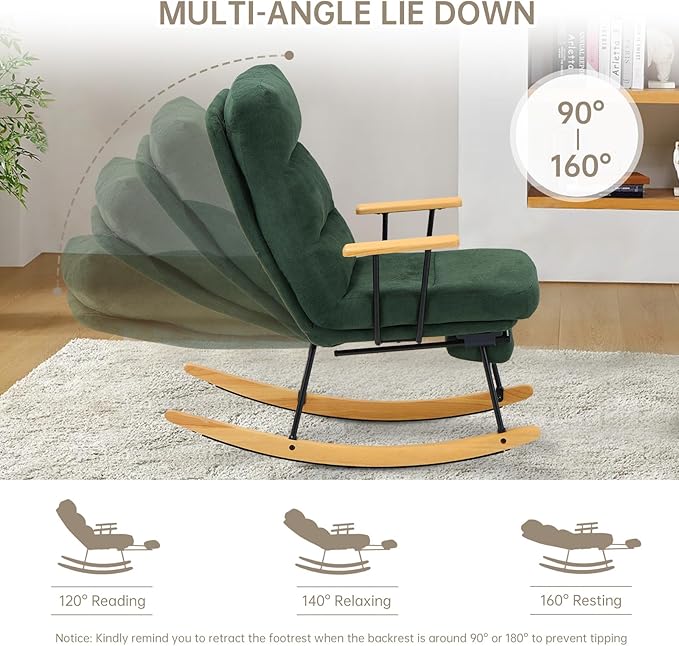 Rocking Chair with Footrest-Glider Rocker Chair with Retractable Footrest and Adjustable Backrest, Teddy Upholstered Rocking Chair Set of 2, Accent Chair for Living Room/Nursery/Bedroom/Outdoor-Green