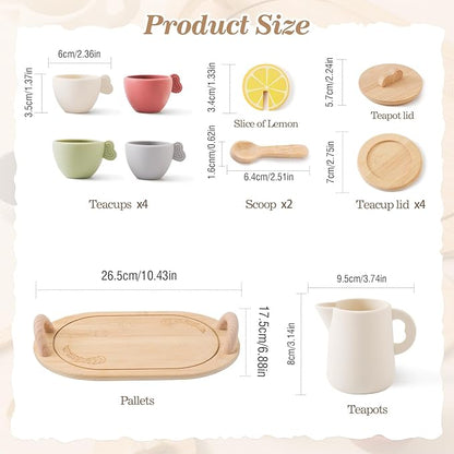 Tea Party Set for Kids, Wooden Tea Set for Little Girls and Boys, Kids Play Kitchen Accessories Toy Dishwasher Safe Tea Set for Toddler, Pretend Play Toddler Tea Set Ideal Christmas Birthday Gift