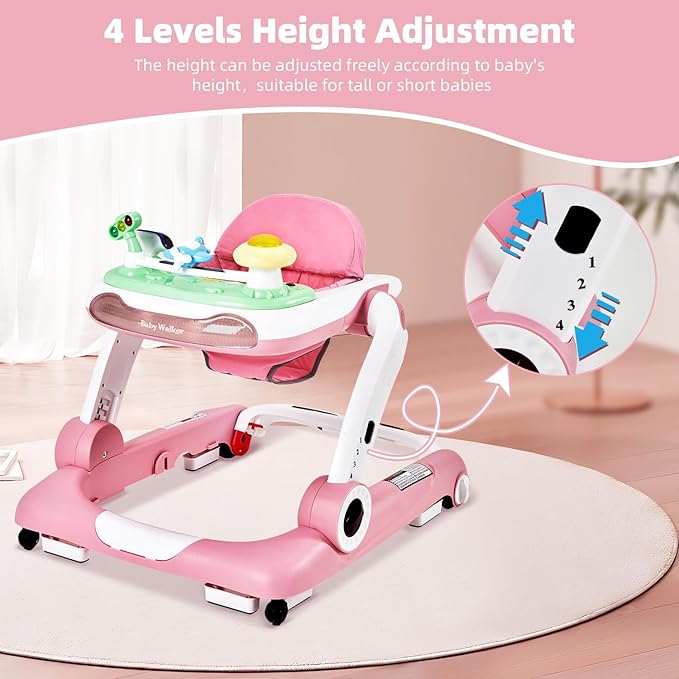 5-in-1 Baby Walker with Wheels, Baby Walkers for Boys Girls 6-18 Months, Foldable Adjustable Walker with Bouncer, Feeding Tray, Music & Detachable Footrest(Pink)