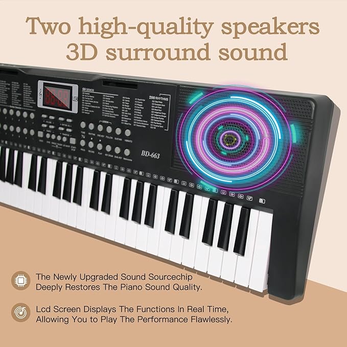 Keyboard Piano 61 Key Electric Piano Keyboard for Beginners/Professional, Full Size Light Up Music Keyboard Built-in Dual Speakers with LED Display, Stand, Music Stand, Microphone, Bench (Black A)