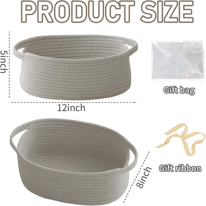 JMvicyroam Woven Basket,Small Rope Storage Bin with Handles & Ribbon Bag, Organizer for Shelves Closets,Gift Basket Empty for Birthday,Books,Dog Toys, Grey/2 Pack