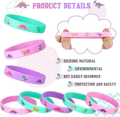 Chivao 30 Pack Dinosaur Party Favors Pink Dinosaurs Silicone Wristbands Rubber Bracelets for Girl Birthday Party Supplies Gifts Bag Stuffer 3 Colors