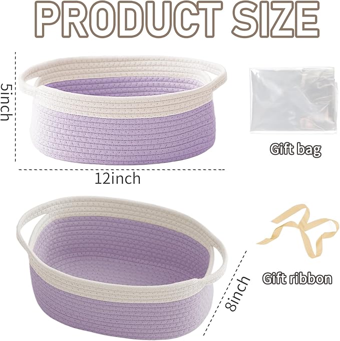JMvicyroam Woven Basket,Small Rope Storage Bin with Handles & Ribbon Bag, Organizer for Shelves Closets,Gift Basket Empty for Birthday,Books,Dog Toys, White&Purple/2 Pack
