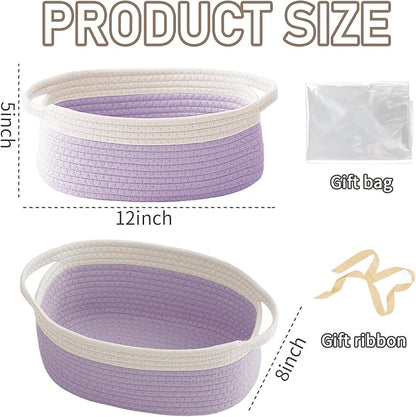 JMvicyroam Woven Basket,Small Rope Storage Bin with Handles & Ribbon Bag, Organizer for Shelves Closets,Gift Basket Empty for Birthday,Books,Dog Toys, White&Purple/2 Pack