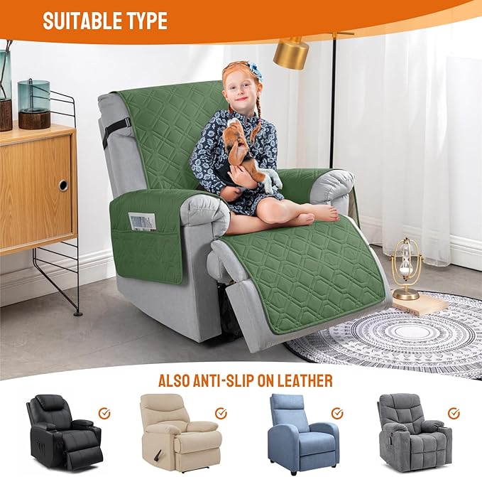 VANSOFY 100% Waterproof Recliner Chair Covers, Recliner Cover Non-Slip Dog Chair Cover Furniture Protector Washable Slipcover with Pocket, Elastic Straps for Pets, Dogs(Vine Green, 28")