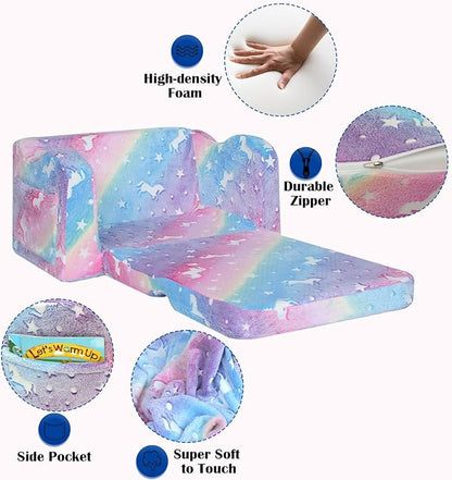 MeMoreCool Kids Fold-Out Couch, Convertible Glowing Rainbow Unicorn Flip Sofa Chair for Playroom, Toddler Lounger for Girls and Boys