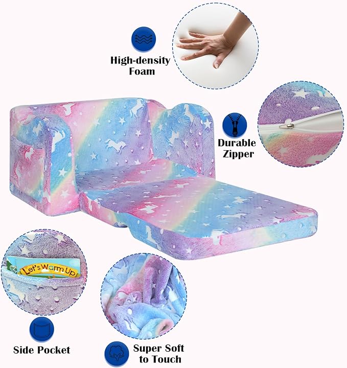 MeMoreCool Kids Fold-Out Couch, Convertible Glowing Rainbow Unicorn Flip Sofa Chair for Playroom, Toddler Lounger for Girls and Boys