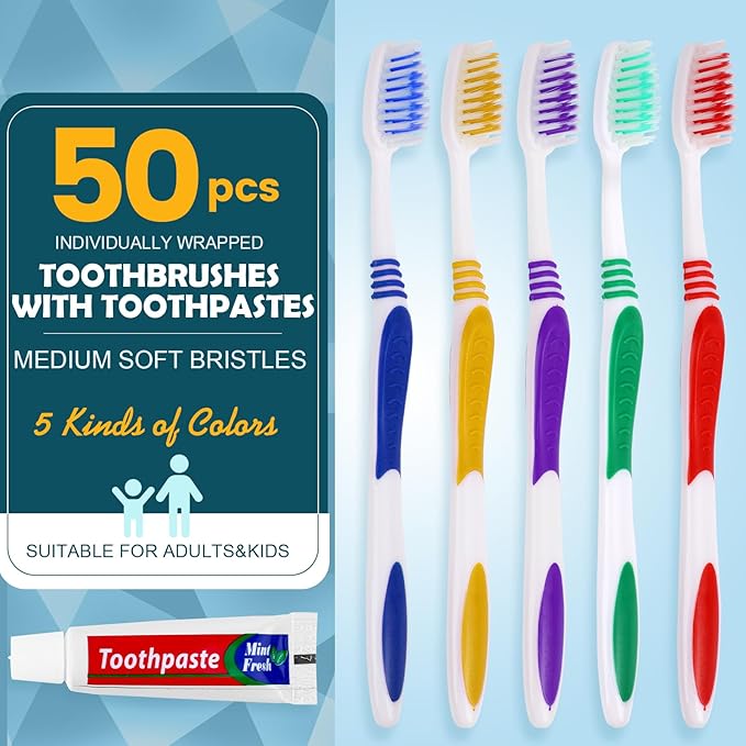 50 PCS Individually Wrapped Toothbrushes with Toothpaste Bulk, Disposable Toothbrushes Bulk, Bulk Toothpaste, Travel Toothpaste Bulk, Ergonomics Handle, Soft Bristle, Perfect for Travel,Hotel,Donation