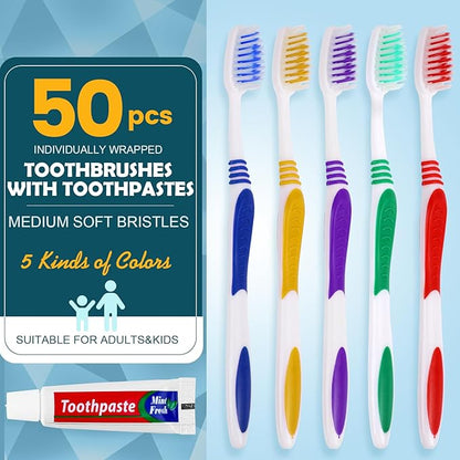 50 PCS Individually Wrapped Toothbrushes with Toothpaste Bulk, Disposable Toothbrushes Bulk, Bulk Toothpaste, Travel Toothpaste Bulk, Ergonomics Handle, Soft Bristle, Perfect for Travel,Hotel,Donation