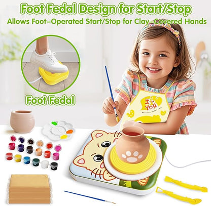 Mikiomie Electric Pottery Wheel for Beginners with Foot Pedal, 3 Clay Packs(1.7lbs Total), Apron, Painting & Carving Tools, Arts and Crafts Toys Art Supplies, Gifts for Birthday Christmas