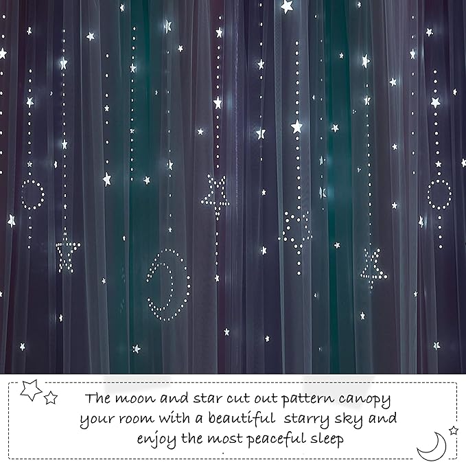 NICETOWN Moon Star Curtains for Girls Bedroom Nursery Blackout Decor Light Blocking Sheer Overlay PrincessRainbow Striped Layered Window Curtains, 2 Panels, 52W x 84L, Purple Blue Pink