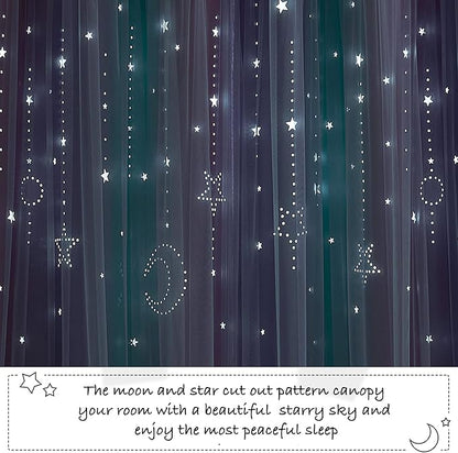 NICETOWN Moon Star Curtains for Girls Bedroom Nursery Blackout Decor Light Blocking Sheer Overlay PrincessRainbow Striped Layered Window Curtains, 2 Panels, 52W x 84L, Purple Blue Pink