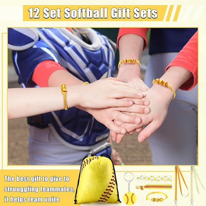Abbylike 60 Pcs Softball Party Favors Set Softball Gifts for Girls 12 Softball Drawstring Bags 12 Softball Hair Ties 12 Softball Bracelets 12 Lanyards 12 Keychains for Sports Team Party Supplies