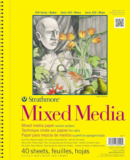 Strathmore 300 Series Mixed Media Paper Pad, Side Wire Bound, 9x12 inches, 40 Sheets (117lb/190g) - Artist Paper for Adults and Students - Watercolor, Gouache, Graphite, Ink, Pencil, Marker