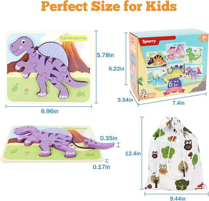 SYNARRY 6 Pack Dinosaur Wooden Puzzles for Kids 3-5, Wooden Puzzles for Toddlers, Dinosaur Puzzles for Toddlers 3 4 5 Year Old, 3D Dinosaur Puzzles Educational Preschool Toys for Boys and Girls