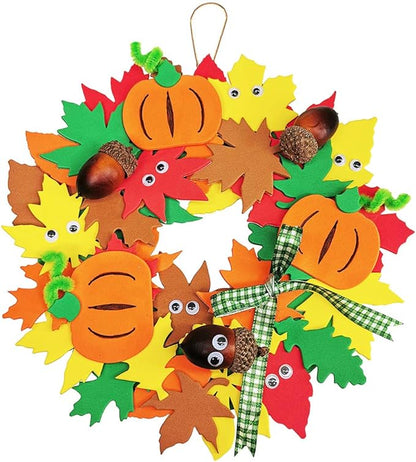 Supla 12 Kits 3D Pumpkin Fall Leaf Wreath Craft Kit DIY Thanksgiving Wreath with Maple Leaves Acorns Bows Wiggle Eyes for Kids Crafts Fall Thanksgiving Halloween Seasonal Decoration