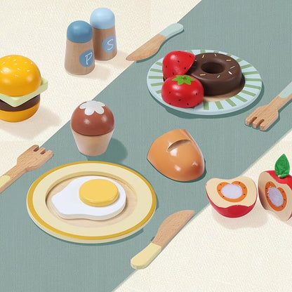 Giant bean Wooden Play Food Set, Play Kitchen Accessories, 78 PCS Pretend Cooking Set, Vegetables Fruits Cutting Toys, Dishes, Educational Toddler Toys