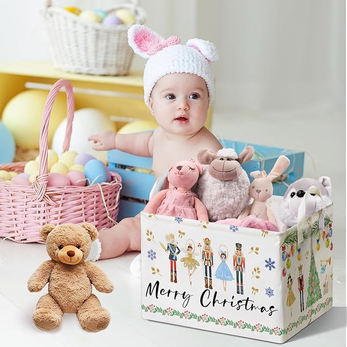 Christmas Storage Basket with Handles, Nursery Organization, Waterproof Toy Box for Boys and Girls Room, Decor Rectangular Fabric Box for Clothes, Christmas Gifts Storage Box, Christmas Party Decor