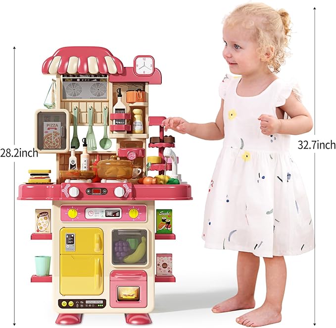 Deejoy 48Pcs Kitchen Playset for Boys & Girls, Kid Play Kitchen with Realistic Lights & Sounds, Spray Sink, Pretend Food Toys Kitchen for Toddlers (Red)